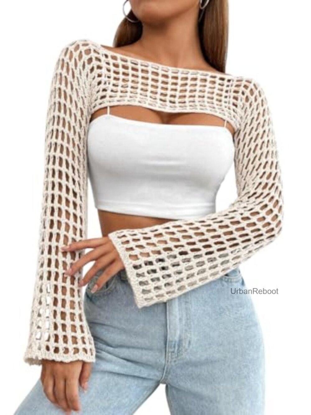 Mincib Women's Crochet Shrug Y2K Hollow Out Bolero See Through Cropped Knit